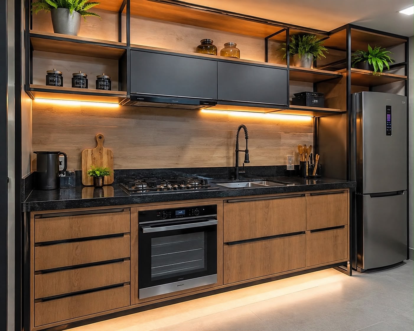 Cozinha planejada em madeira com estrutura metálica preta e iluminação linear