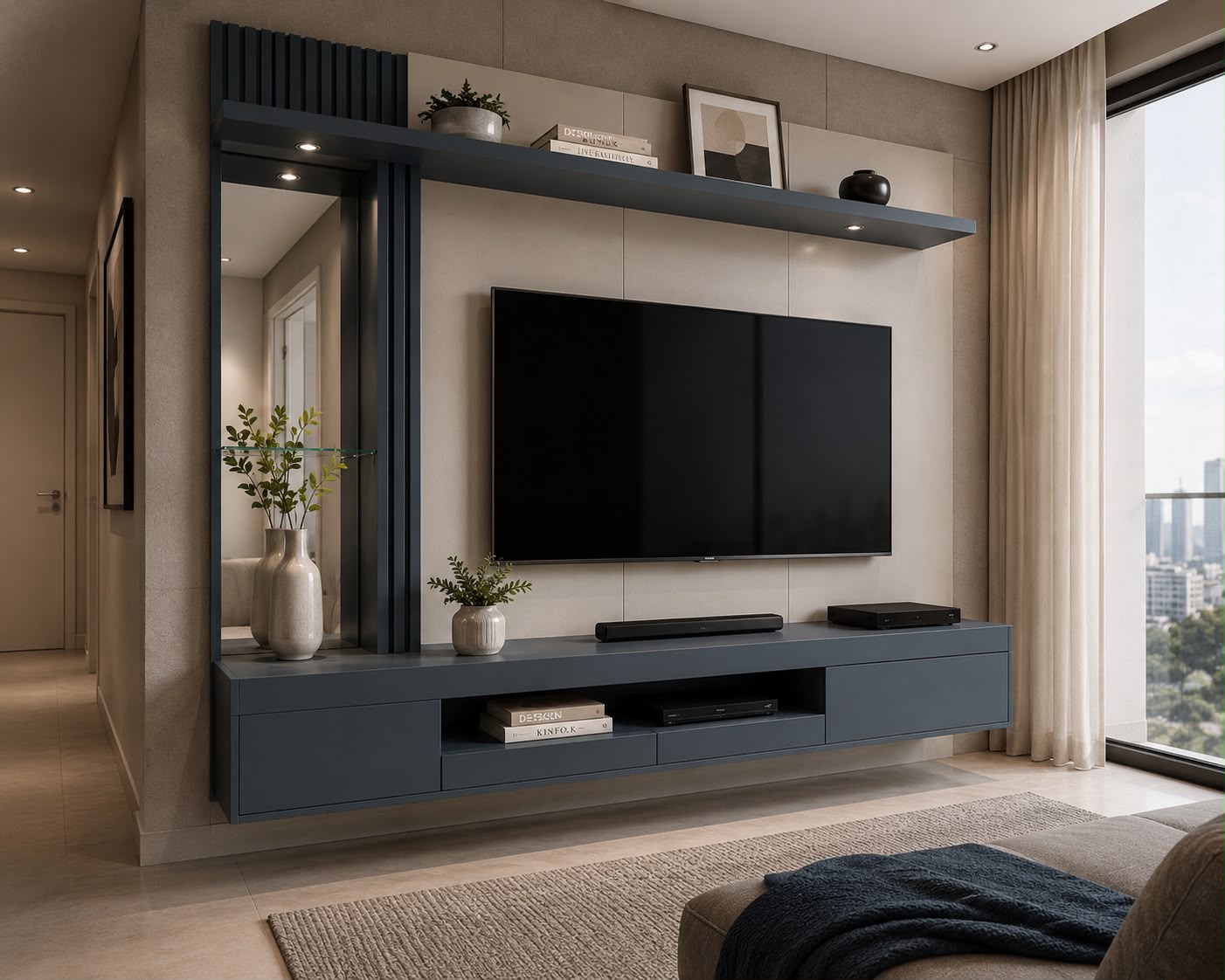 Painel de TV planejado em tom grafite com prateleira suspensa e nicho espelhado