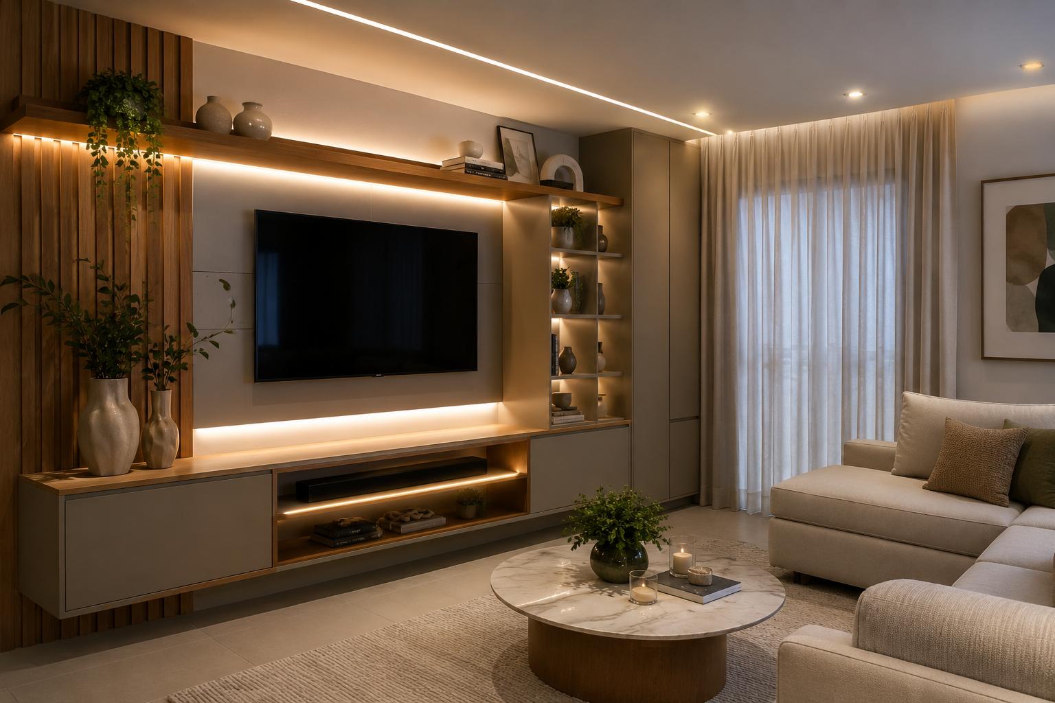 Sala de estar com painel de TV planejado em ripado de madeira e iluminação embutida